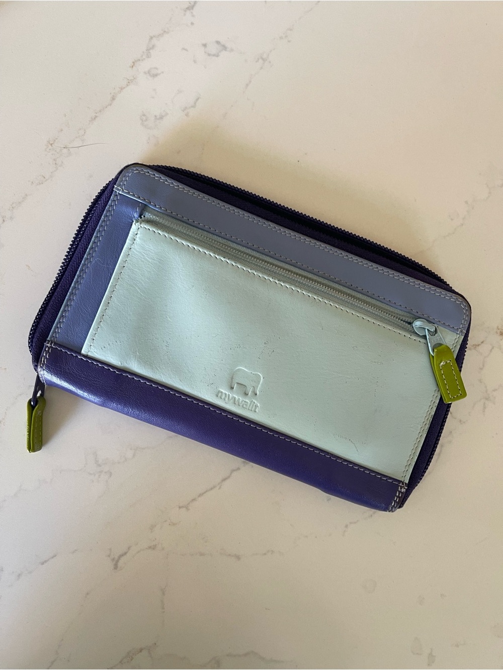 mywalit Colorblock Leather Zip Wallet in Purple, Light Blue, and Lime
